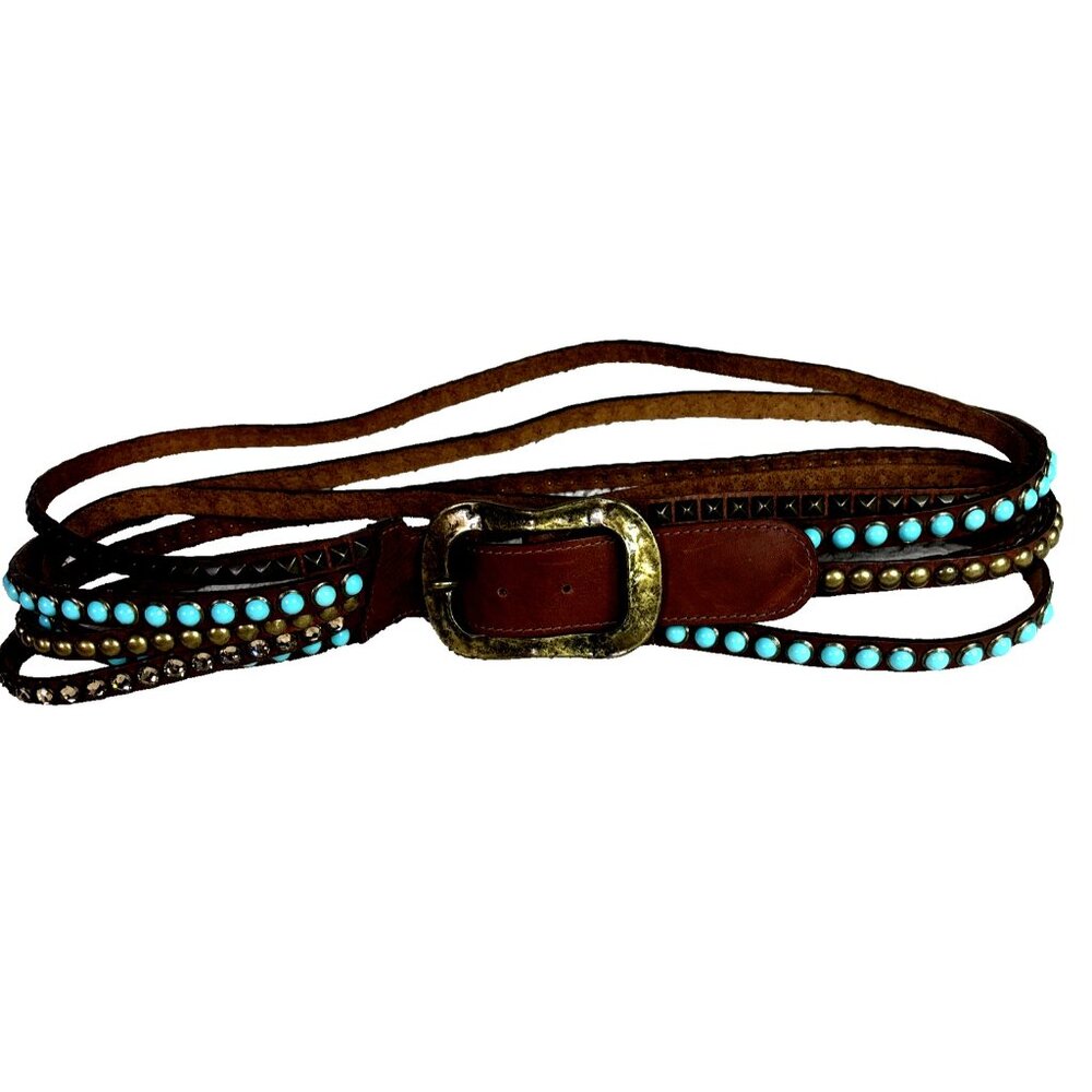 Leatherock RARE Preston 4 Strand Hip Belt Blue Brown Crystals Made in USA MINT - Picture 2 of 8